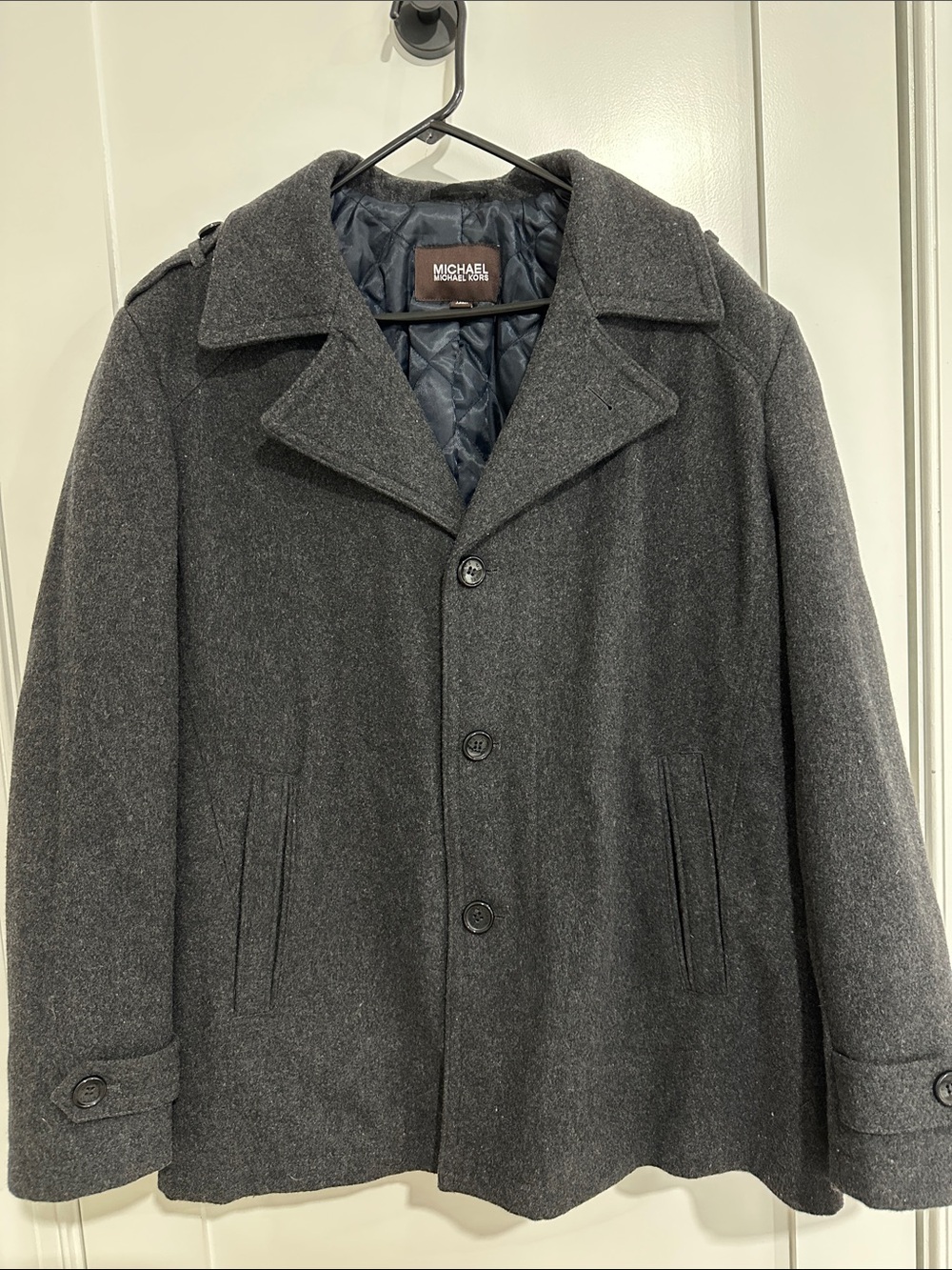 Michael Kors Dark Charcoal Wool Pea Coat with Quilted Navy Lining